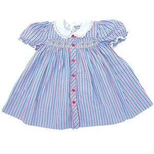 Vintage Sarah Louise Smocked Dress Toddler Girls Blue Gingham Floral 18 Months